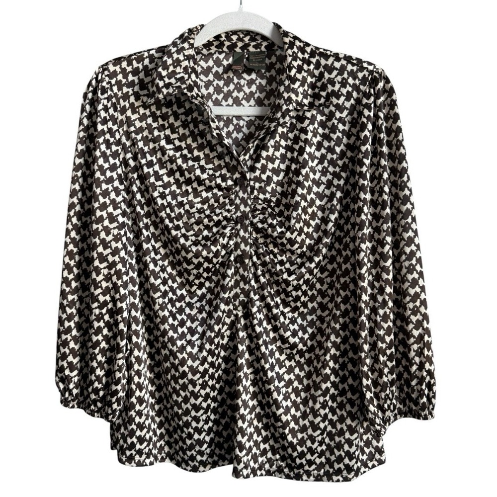 Vtg Serenade Brown Houndstooth Blouse Ruched Front 3/4 Puff Sleeve Top L Retro